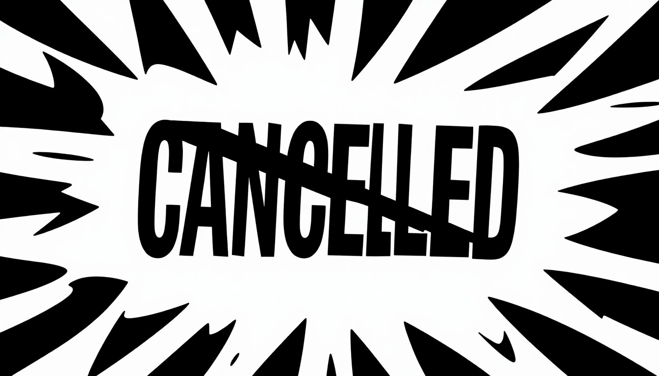 An abstract, minimalist illustration featuring bold, angular black shapes against a stark white background, conveying a sense of cancellation and transition in the television industry.