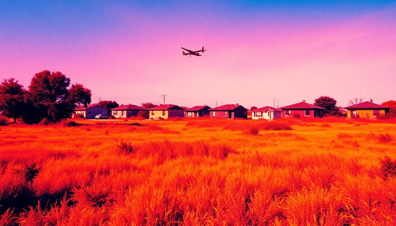 A high-contrast, silkscreen-style illustration of an overgrown vacant lot repeated in a grid, using a palette of neon greens, blues, and oranges to conceptually represent the city's efforts to address urban blight.