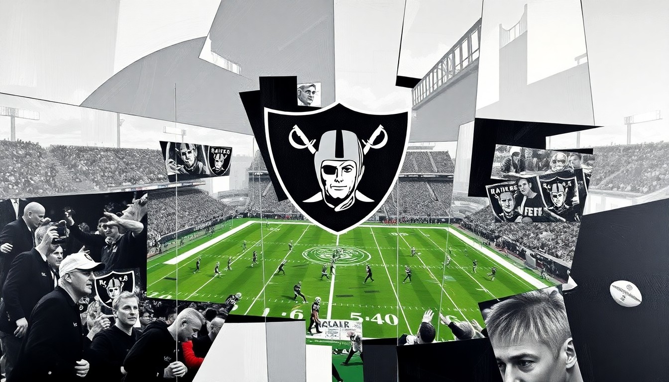 A cubist-style painting depicting a fragmented, geometric scene of a Raiders football game or practice, with the team's colors of silver, black, and white used throughout the abstract composition.