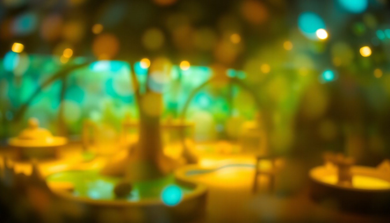 An abstract, impressionistic scene of blurred, colorful shapes and textures representing the diverse animal habitats and enclosures at the family-owned Emerald Coast Zoo.