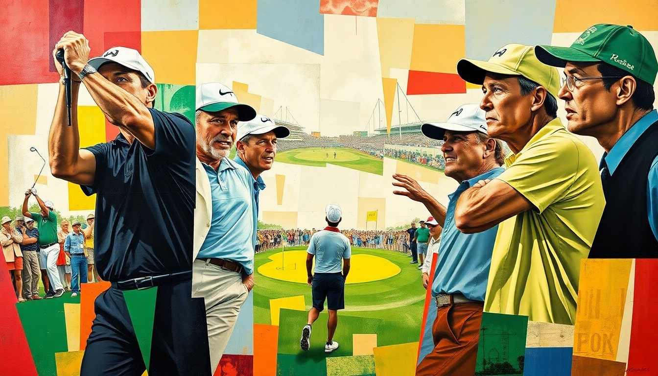 A fragmented, geometric painting depicting the dynamic movements and expressions of golfers competing at the Masters tournament, rendered in Picasso's signature cubist style.