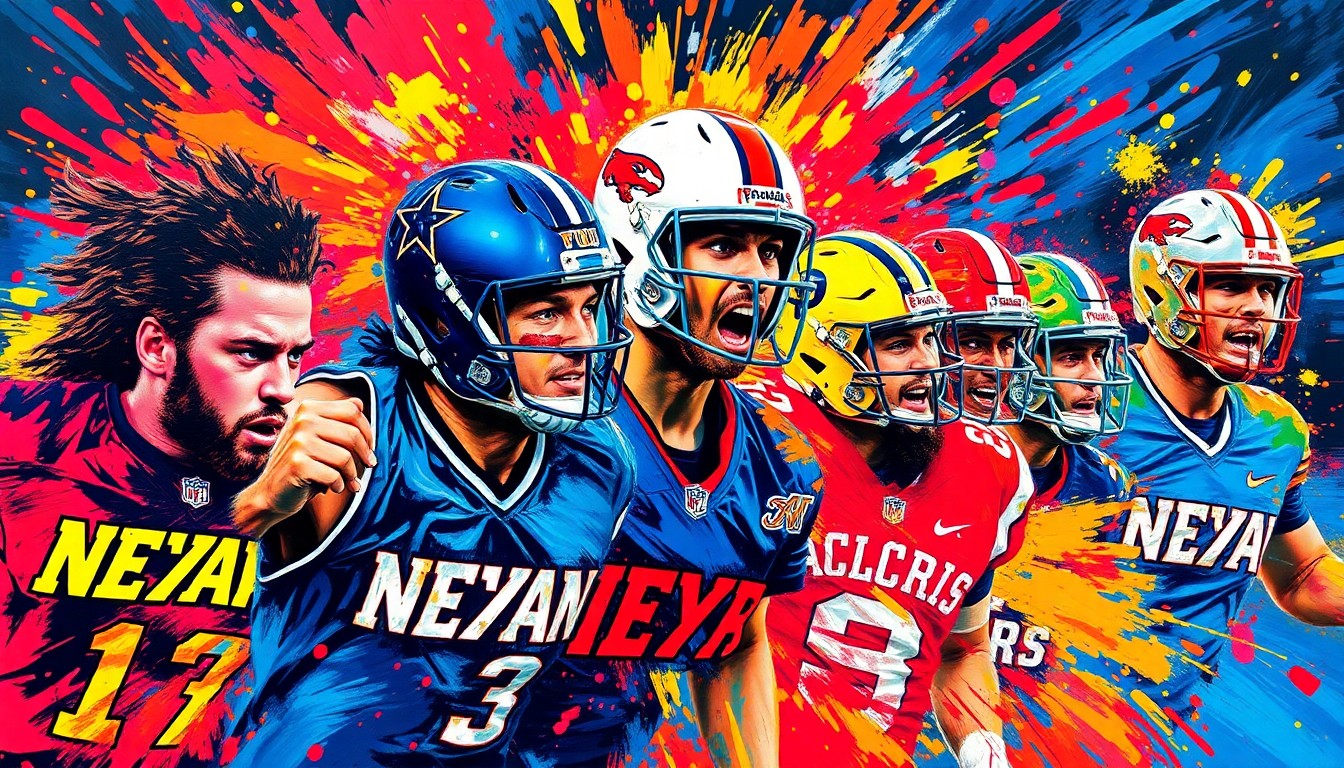 An abstract, expressionist painting in neon colors depicting the dynamic movements and energy of various Nevada sports teams, with faces and logos blurred into vibrant, gestural brushstrokes.
