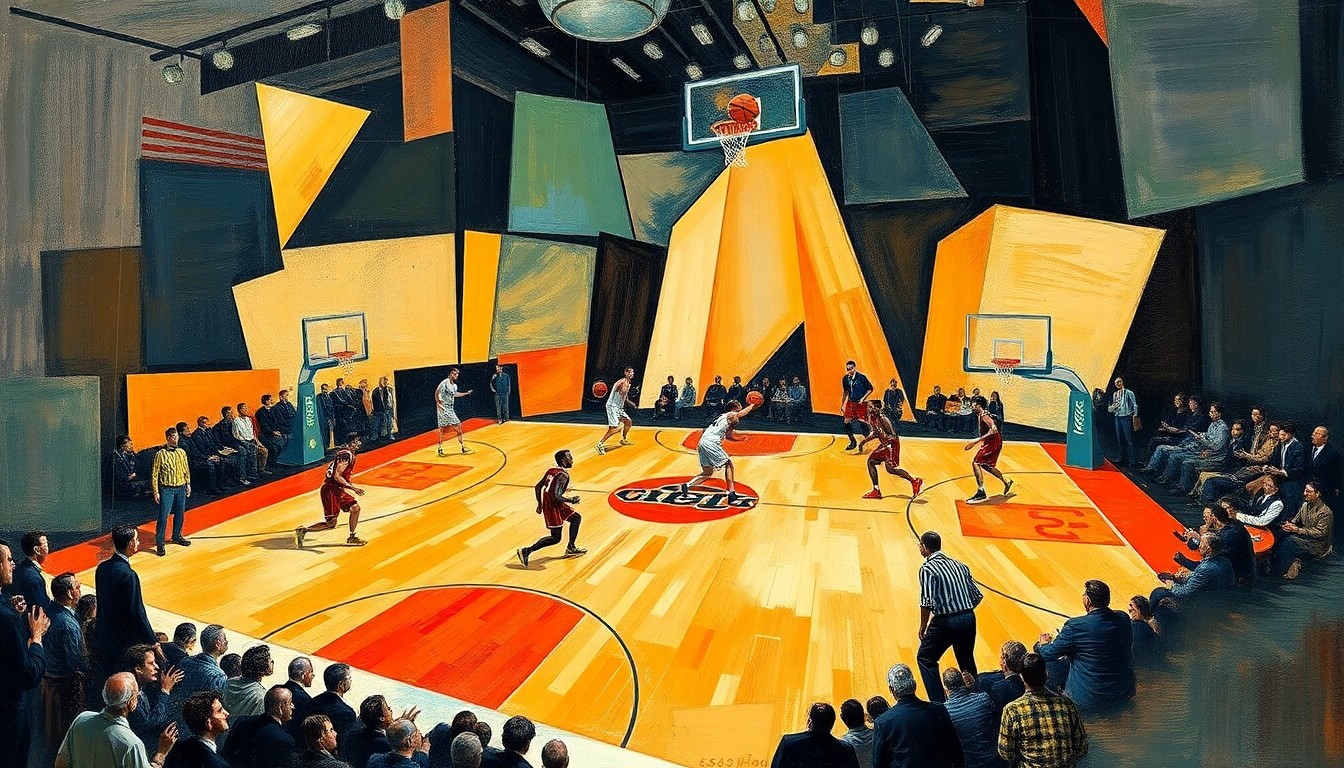 A fractured, multi-perspective painting depicting the dynamic movements and energy of a college basketball game, with the players and court rendered in a cubist, geometric style.