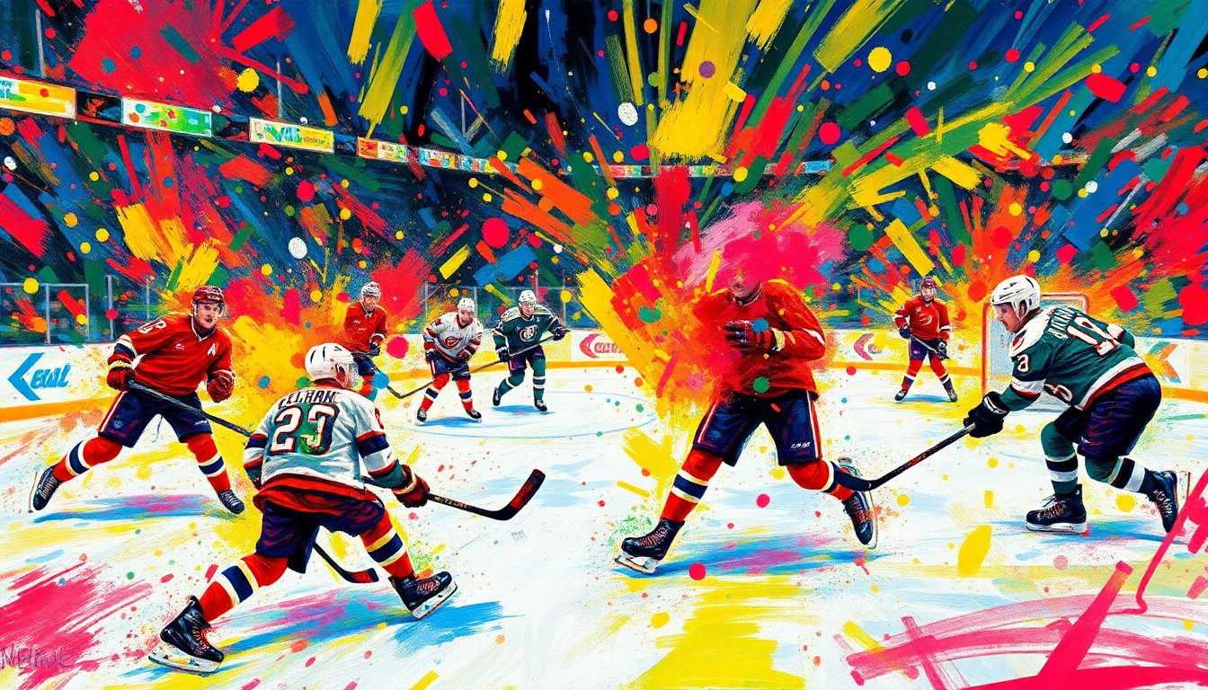 An abstract, expressionist painting in neon colors depicting the frenetic action and energy of a high-scoring hockey game, with players' forms dissolving into dynamic brushstrokes and splatters of paint.