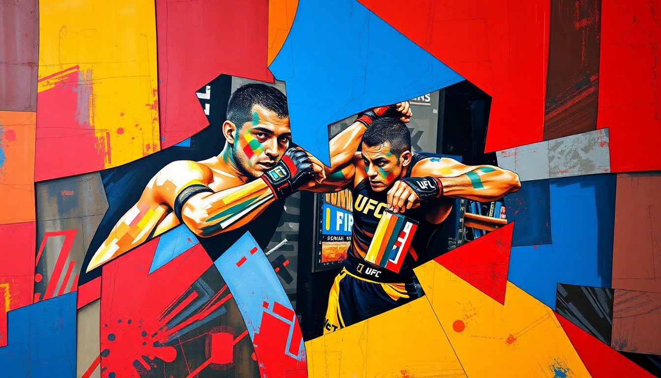 A cubist, geometric painting depicting a fractured, multi-perspective view of a UFC fight, with sharp planes of red, blue, and yellow overlapping to capture the raw energy and action of the sport.