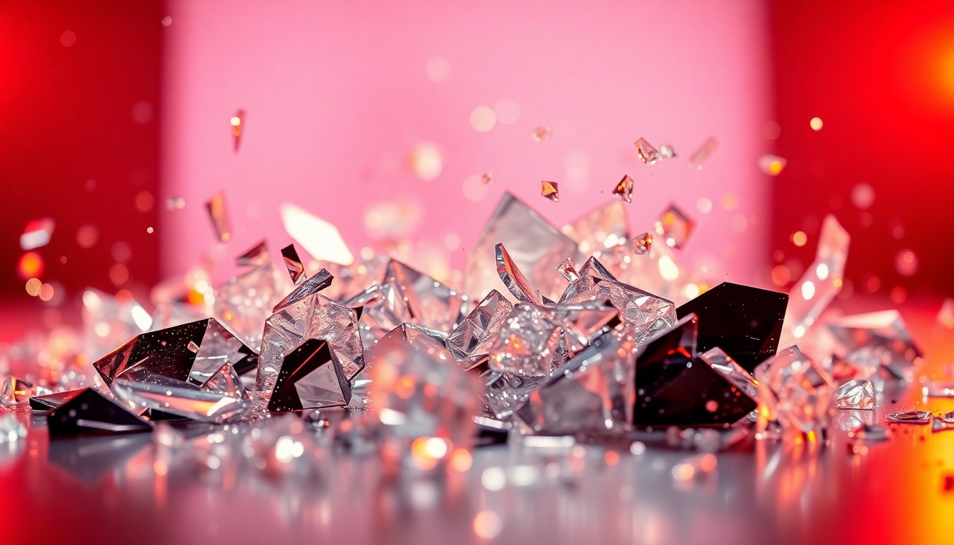 An extreme close-up photograph of shattered glass and glittering shards, captured in dramatic high-contrast studio lighting to create a conceptual representation of the television industry's glitz and drama.