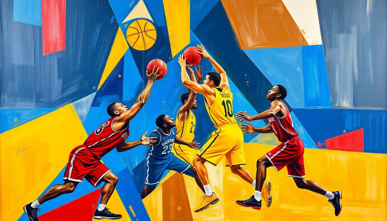A fractured, multi-perspective painting in bold, geometric shapes and colors representing the intensity of a basketball match.