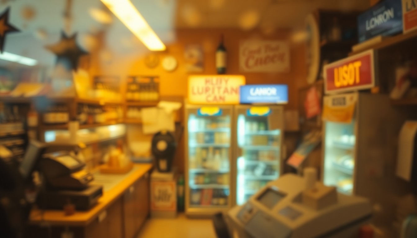 An abstract, impressionistic photograph of a blurred liquor store counter, with bottles, cash registers, and lottery ticket displays visible through a hazy, golden-toned filter, conveying the dreamlike quality of a life-changing lottery win.