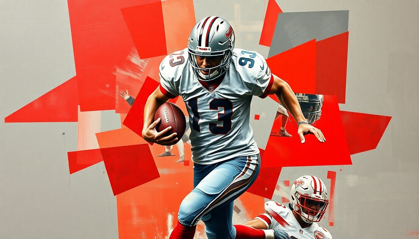 A cubist, fragmented painting depicting a football player in motion, with sharp, overlapping geometric shapes in shades of pewter and red, conveying the dynamic nature of the sport and the Buccaneers' efforts to reshape their defensive backfield.