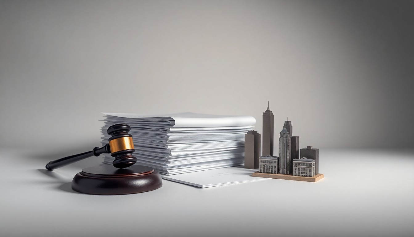 A minimalist, high-contrast studio photograph featuring a stack of legal documents, a wooden gavel, and a metallic model of a city skyline, arranged elegantly on a plain white background to conceptually represent the completion of Detroit's municipal bankruptcy proceedings and the city's ongoing urban renewal.