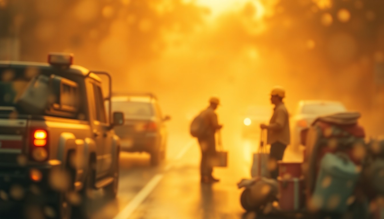 An abstract, impressionistic scene of utility workers and their equipment, captured in a hazy, out-of-focus style that evokes a sense of community service and anticipation.