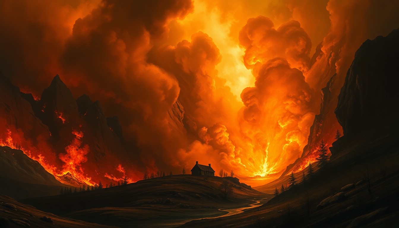 A sweeping landscape painting in muted earth tones, with a distant building engulfed in flames, the overwhelming scale of the natural disaster dwarfing any human structures or figures.