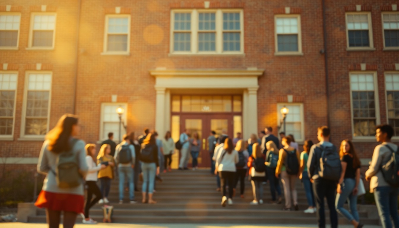 An impressionistic, out-of-focus photograph showing the front entrance of an old brick high school building, with blurred figures of people gathered on the steps in the warm glow of the sun, conveying a sense of nostalgia and community celebration.