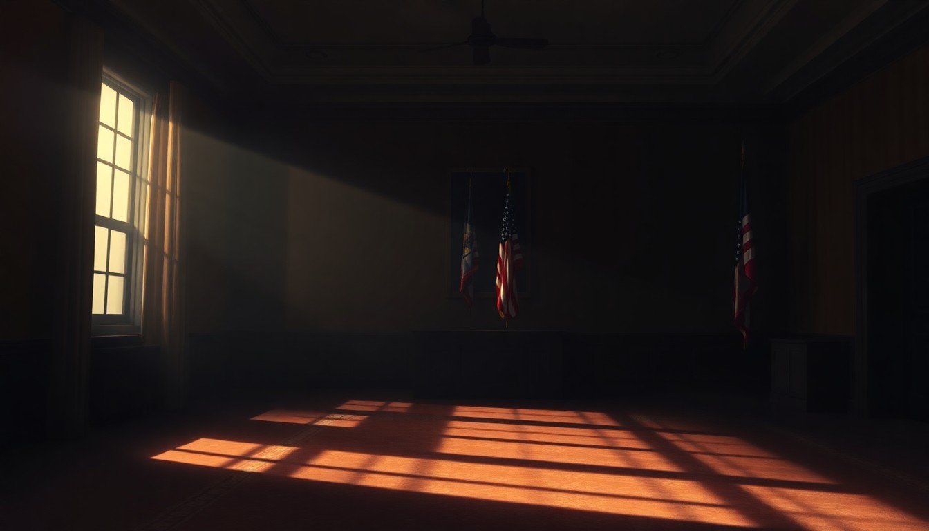 A dimly lit, cinematic painting of an empty, shadowy government office or conference room, with a single American flag hanging limply in the corner. The room is bathed in warm, diagonal sunlight and deep shadows, creating a somber, pensive mood.