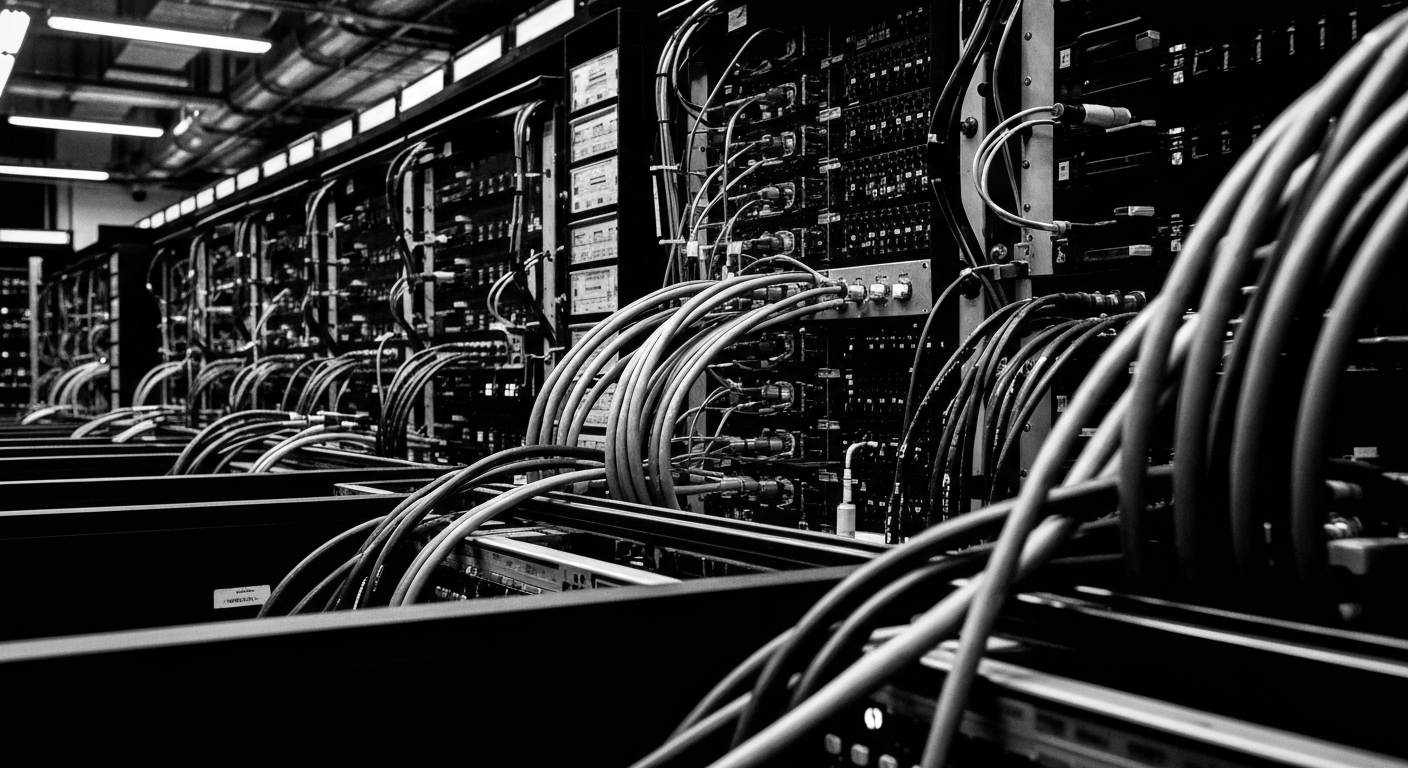 A close-up, black-and-white image of complex financial machinery and equipment, such as servers, data cables, and trading terminals, conveying the scale, power, and technical complexity of the modern financial industry's reliance on advanced technology.