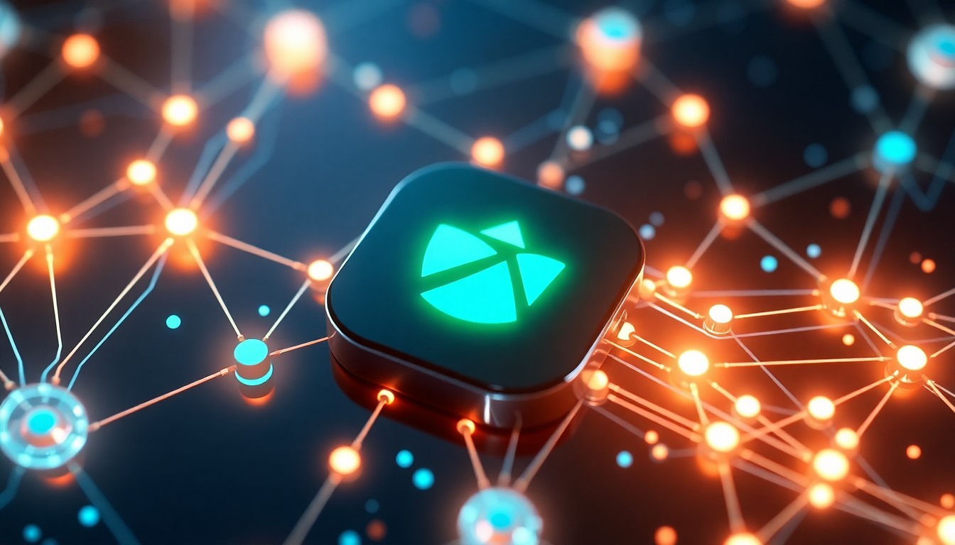 A glowing, neon-lit 3D illustration of a Trust Wallet app icon surrounded by a network of illuminated blockchain nodes and data streams, representing the secure encryption and cloud backup features of the cryptocurrency wallet.