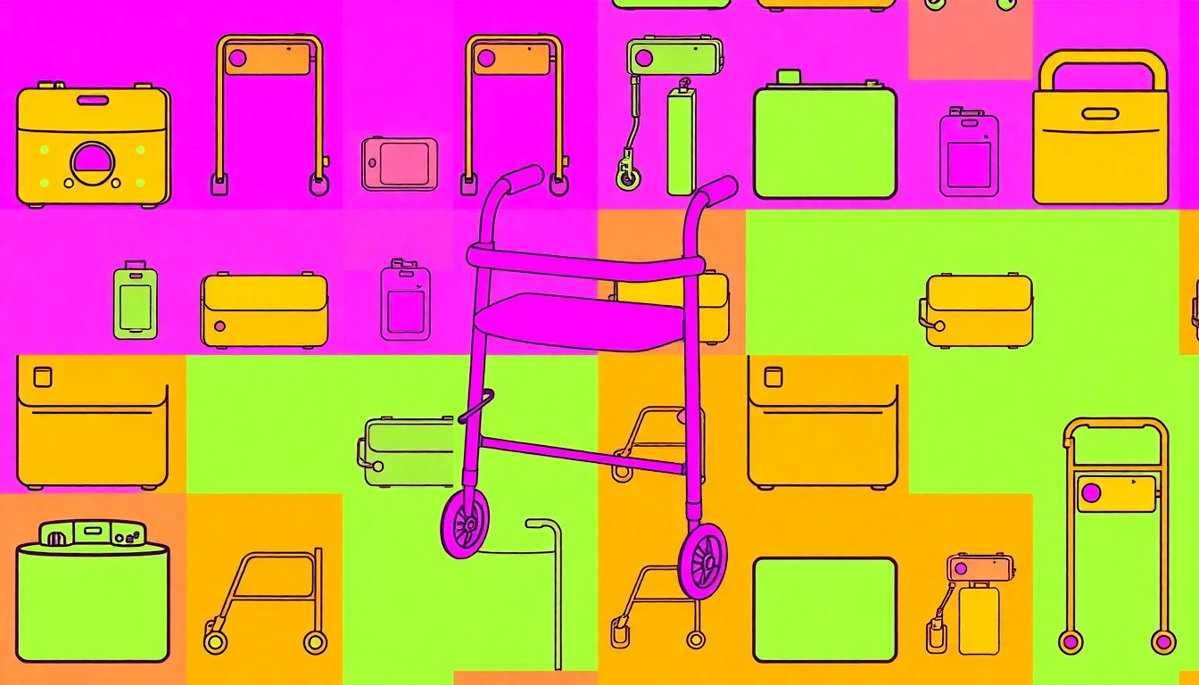 A brightly colored, high-contrast silkscreen print of a walker or medication dispenser repeated in a grid, conceptually representing the evolving assisted living industry.