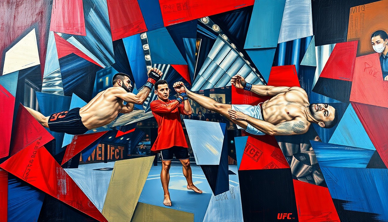 A cubist, geometric painting depicting a fragmented UFC fight scene, with overlapping planes of deep blue, vibrant red, and metallic silver, conceptually representing the strategic rhythm of the UFC's 2026 schedule.