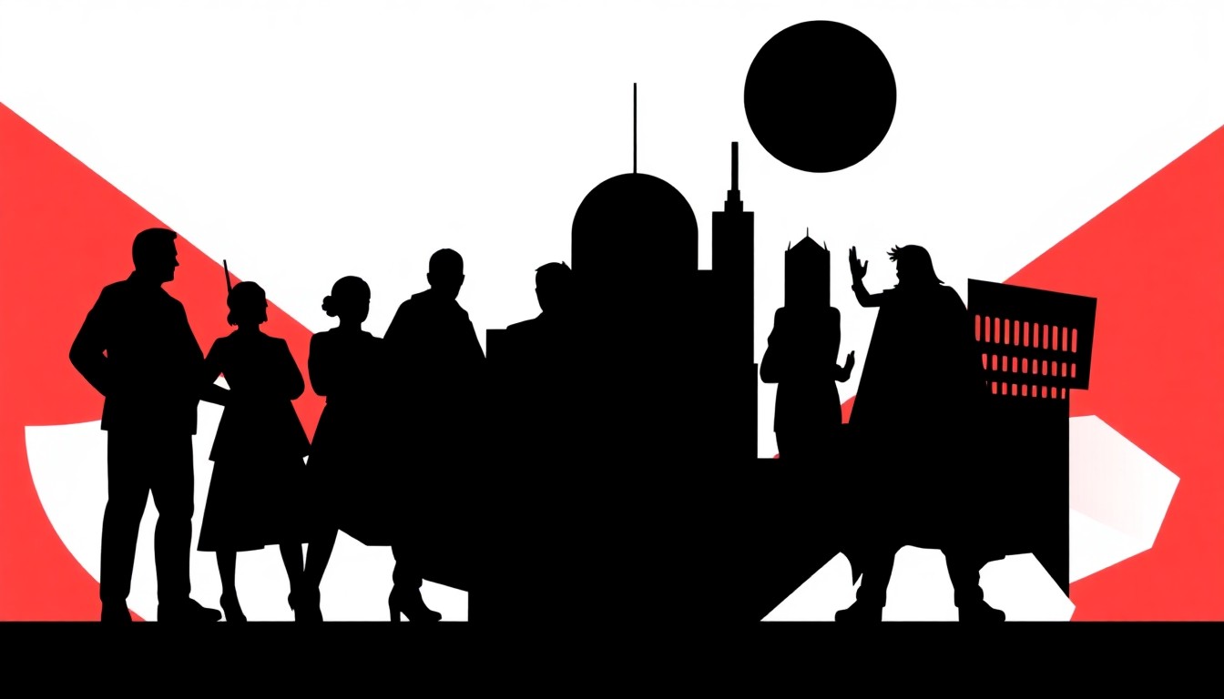 A bold, abstract composition of stark, jagged geometric shapes and heavy black silhouettes in high-contrast red and white, conceptually representing the corporate battle for control over entertainment and media.