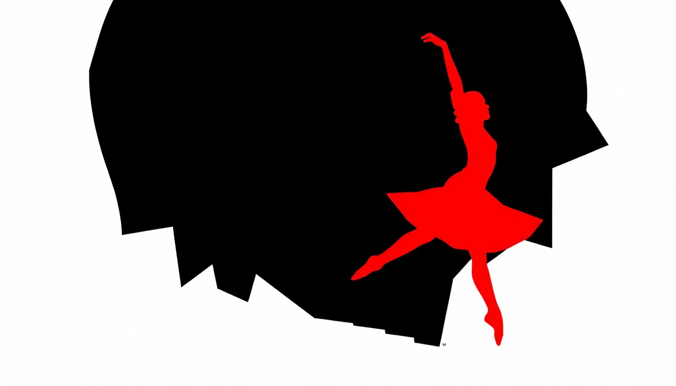 A striking black silhouette of a ballet dancer in motion, composed of bold, geometric shapes in high-contrast red and white, conceptually representing the rising talent of Cincinnati Ballet's Second Company.