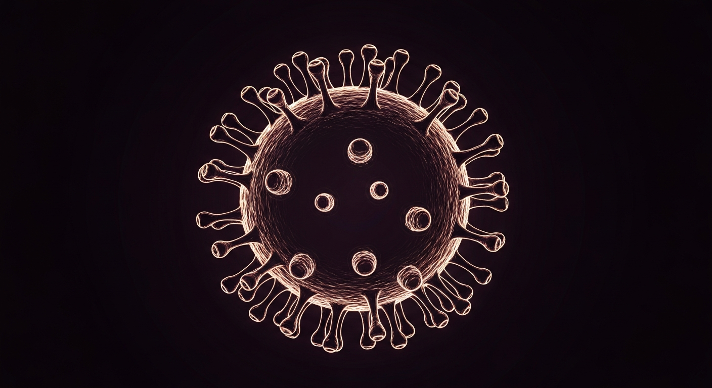 A minimalist, glowing neon outline of a measles virus particle against a dark background, conveying the infectious nature of the disease and the importance of vaccination.