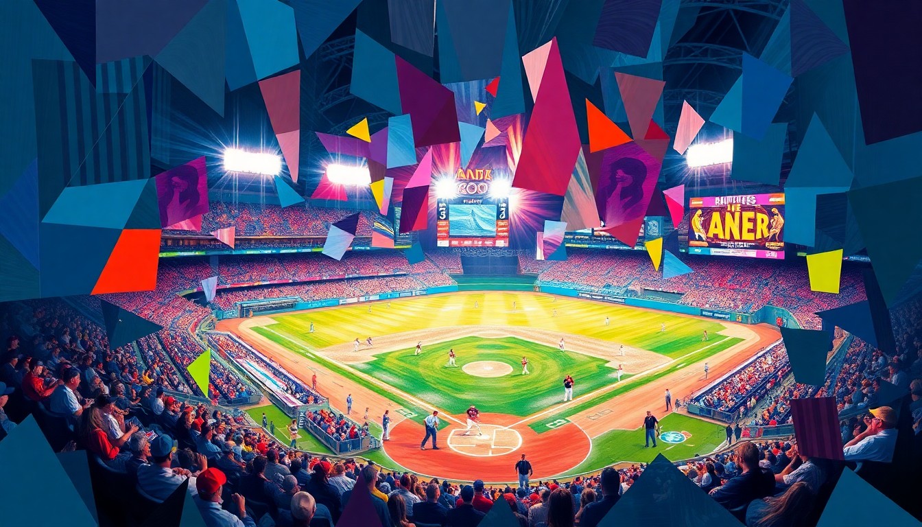 A cubist, geometric painting depicting the final moments of a baseball game, with fragmented and overlapping shapes representing the players, the field, and the stadium lights. The vibrant colors and dynamic composition capture the tension and energy of the game-ending play.