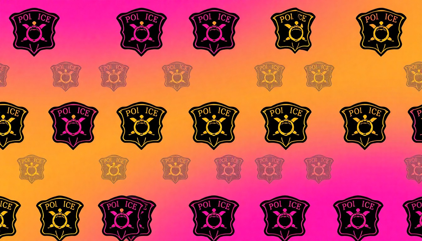 A bold, colorful silkscreen print featuring a police badge or emblem repeated in a grid pattern, conceptually representing the next generation of law enforcement officers in the region.