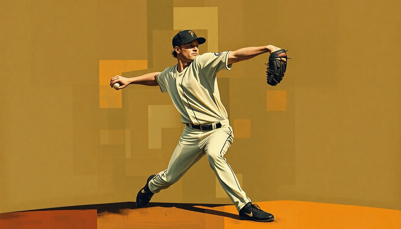 A fractured, geometric painting depicting a baseball pitcher's throwing motion, with sharp, overlapping planes in muted earth tones, conceptually representing the physical toll of the sport.
