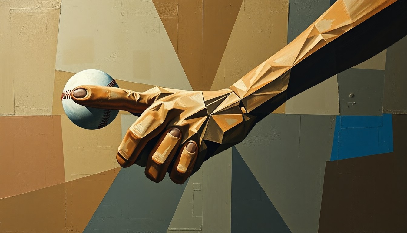 A fractured, multi-perspective painting in the style of Pablo Picasso, breaking down a baseball player's hand being hit by a pitch into sharp, overlapping geometric planes of muted earth tones.