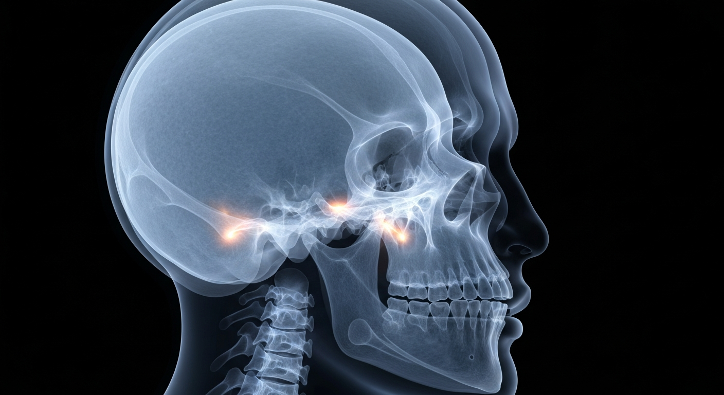A ghostly, translucent X-ray photograph of a human skull, with faint glowing lines tracing the intricate bone structure, conceptually representing the medical challenges faced by Erin Plumb after her traumatic fall.