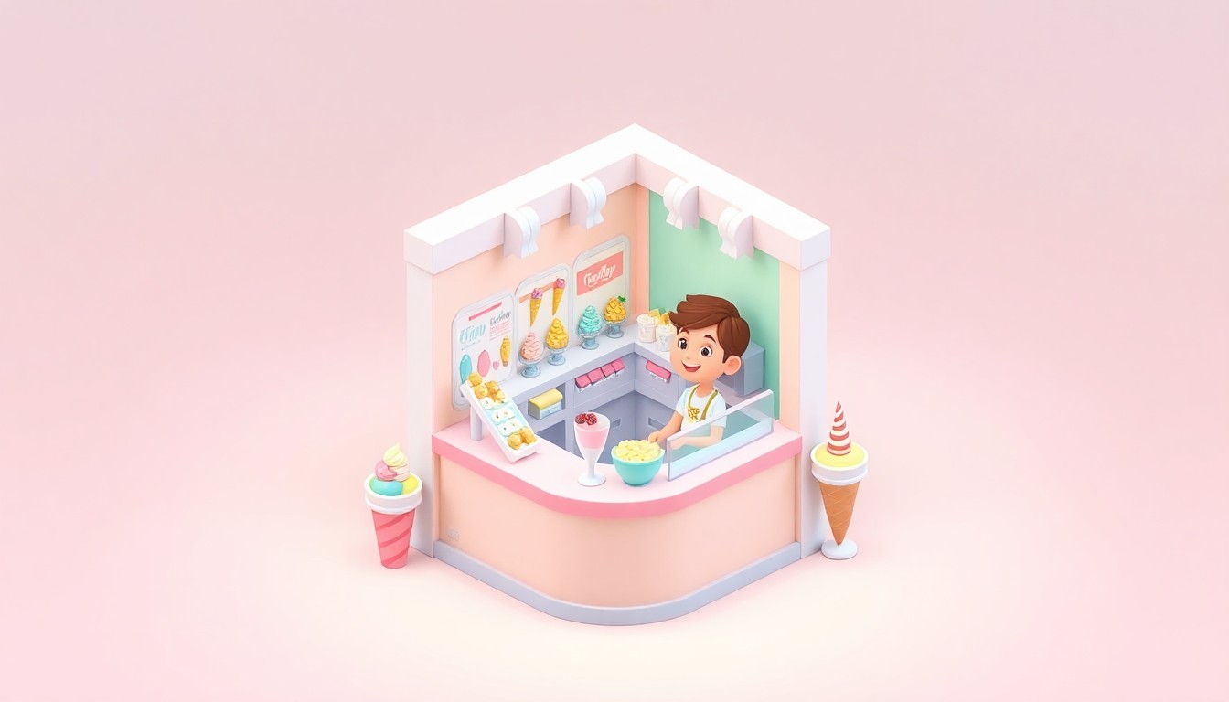 A stylized, isometric 3D illustration depicting a miniature ice cream shop with a smiling young owner behind the counter, surrounded by colorful ice cream scoops, cones, and other treats, set against a soft, gradient background.