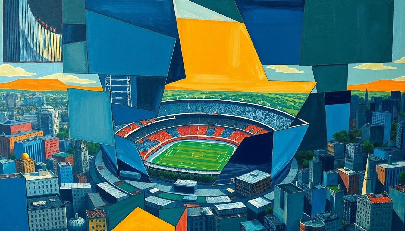 A fragmented, cubist-style painting depicting an abstract sports stadium and surrounding cityscape, with sharp geometric shapes and planes in a vibrant color palette, conveying the multifaceted nature of the stadium deal.