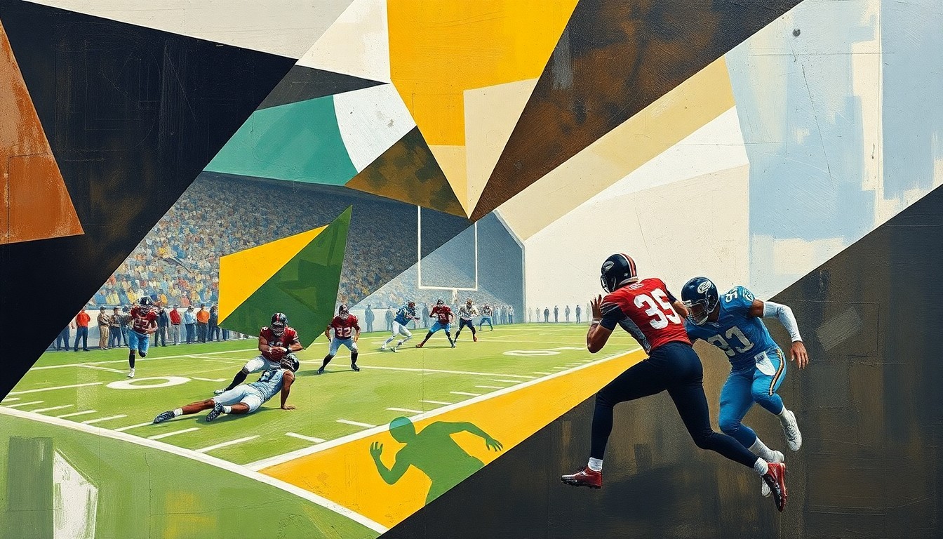 A cubist-style painting featuring fragmented geometric shapes and planes of color representing a football game, conceptually illustrating the tension between the NFL's rules and the practical realities of team management.