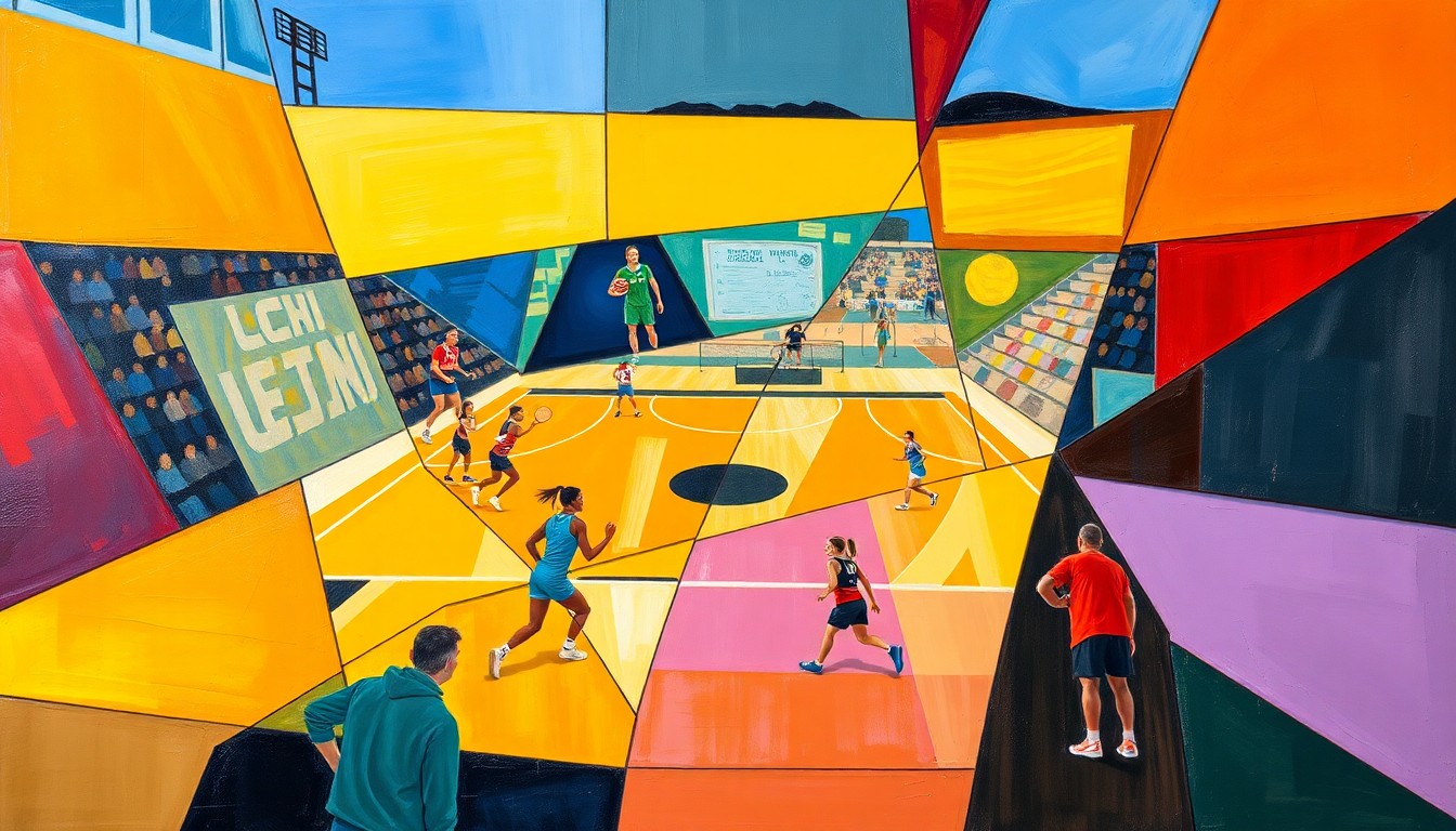 A fragmented, cubist-style painting depicting a women's sports competition, with sharp, overlapping geometric shapes in vibrant colors representing the energy and excitement of the event.