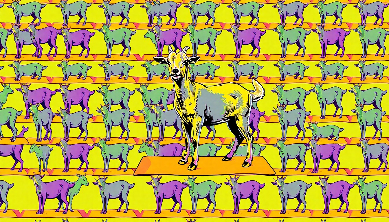 A vibrant, high-contrast silkscreen print of a yoga mat with a goat standing on it, repeated in a grid pattern with bold, neon colors and heavy black outlines, capturing the playful and relaxing nature of the goat yoga event.
