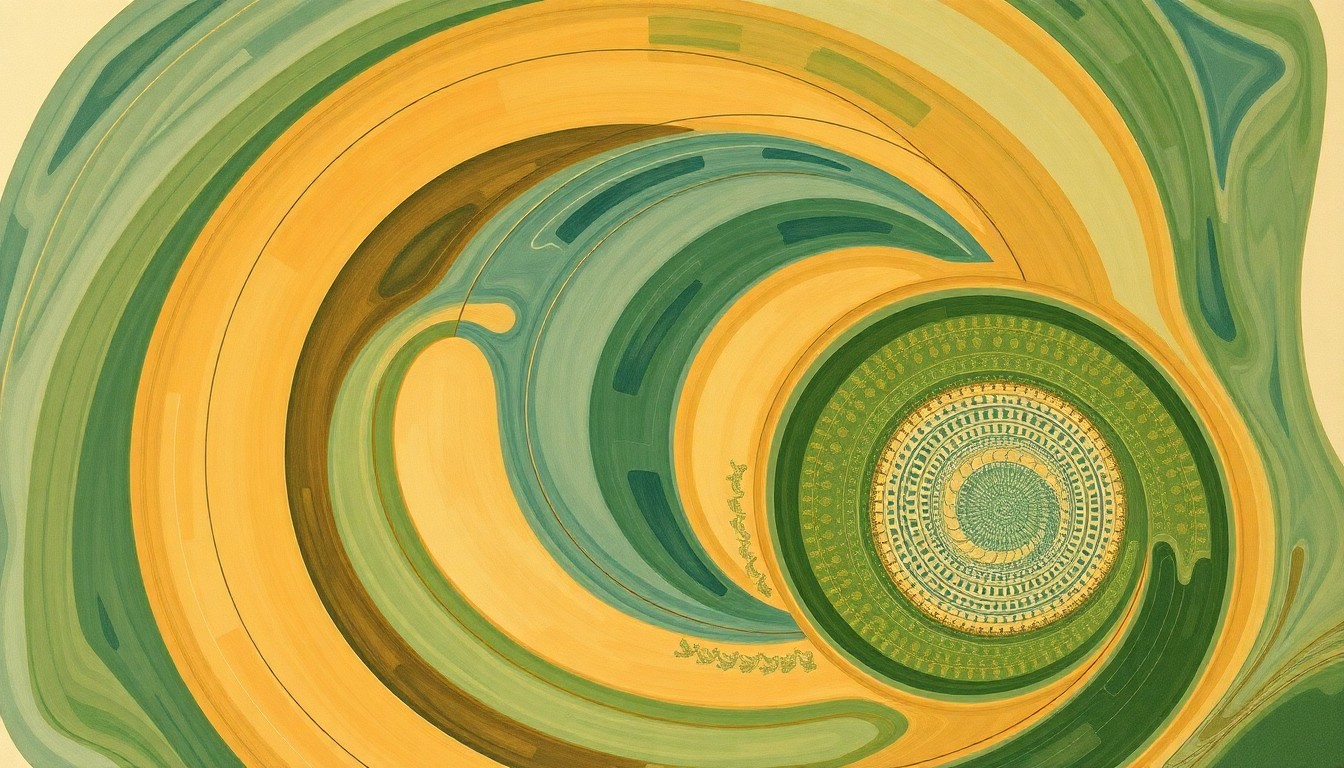 A bold, abstract painting in earthy tones of green, blue, and brown, featuring sweeping geometric arcs, concentric circles, and precise botanical spirals, conceptually representing the complex ecosystem of Utah Lake and the interplay between native and invasive fish species.