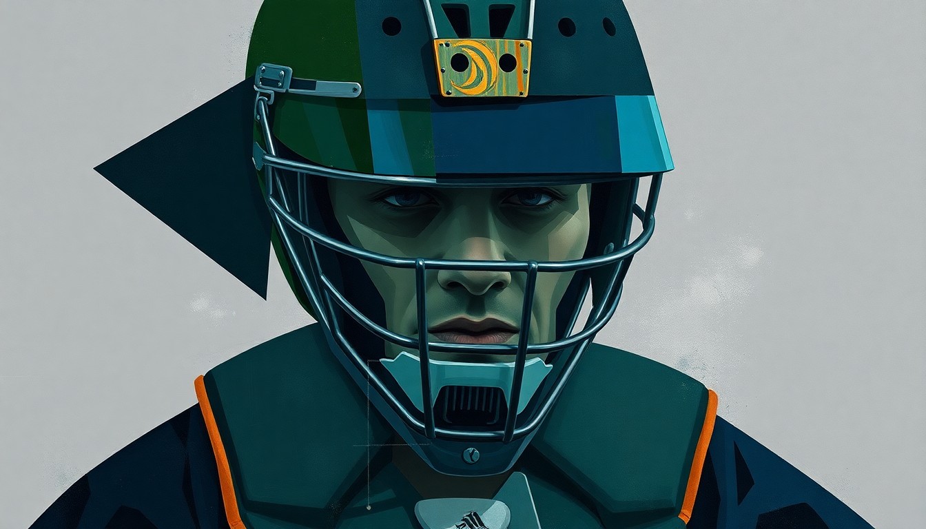 A cubist-style painting depicting a baseball catcher's gear, including a mask, chest protector, and shin guards, broken down into sharp, overlapping geometric shapes in muted tones of navy, forest green, and charcoal gray, conceptually representing a veteran player's move from the field to the front office.