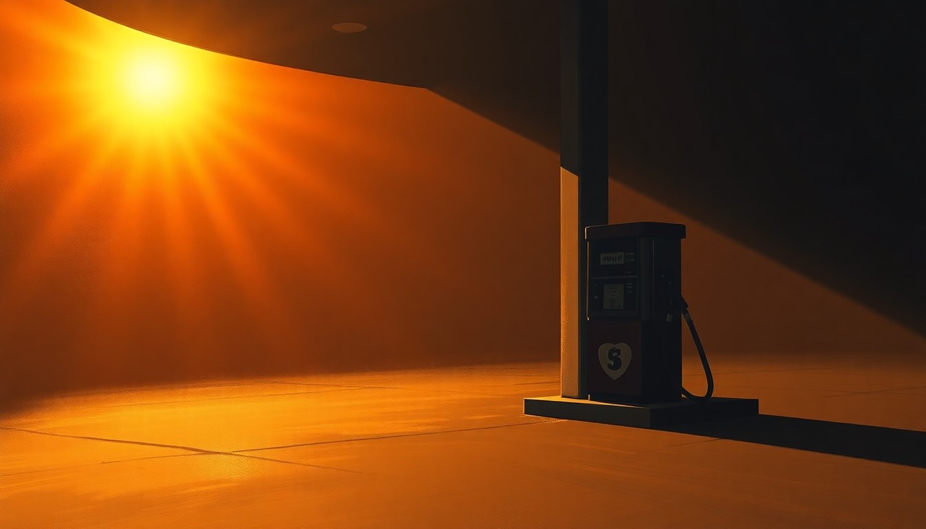A photorealistic painting of a lone gas station pump in warm, golden sunlight, casting long shadows across the pavement, creating a sense of unease and isolation.