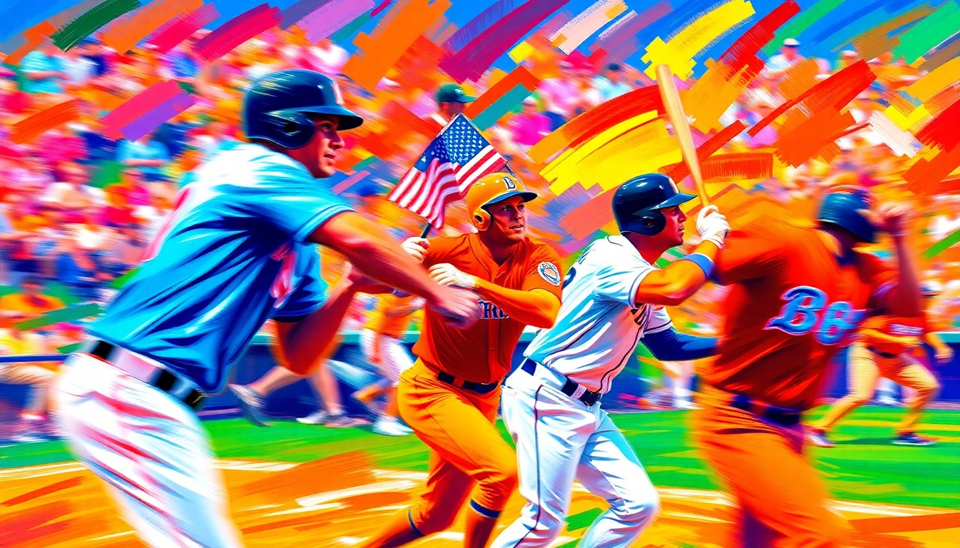An abstract, expressionistic sports illustration featuring blurred, energetic figures of baseball players in action, with vibrant neon colors and dynamic brushstrokes capturing the intensity of the game between the Miami Marlins and Detroit Tigers.