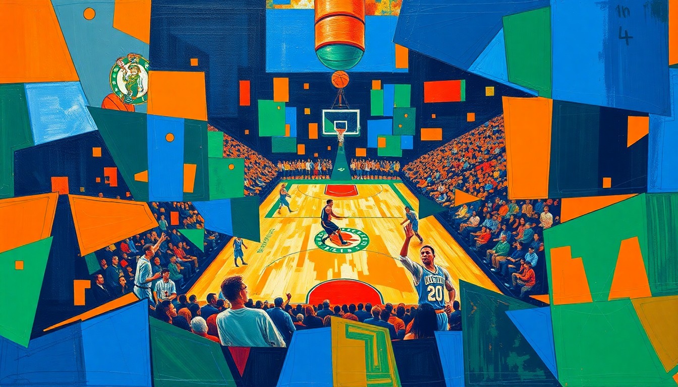 A cubist-style painting depicting a basketball game between the New York Knicks and Boston Celtics, with the players and court broken down into sharp, overlapping geometric shapes in vibrant colors.
