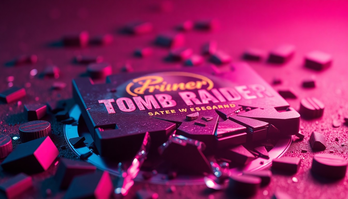 A highly detailed, glowing 3D illustration of a shattered Tomb Raider game cartridge or disc, with the broken pieces illuminated by vibrant neon lights, conveying a sense of disruption and uncertainty in the video game industry.