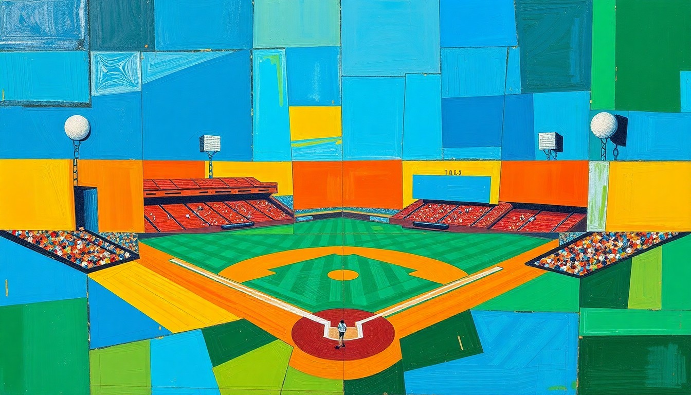 A fractured, multi-perspective painting depicting the action and energy of a high school baseball game, with sharp geometric shapes and planes in vibrant colors.