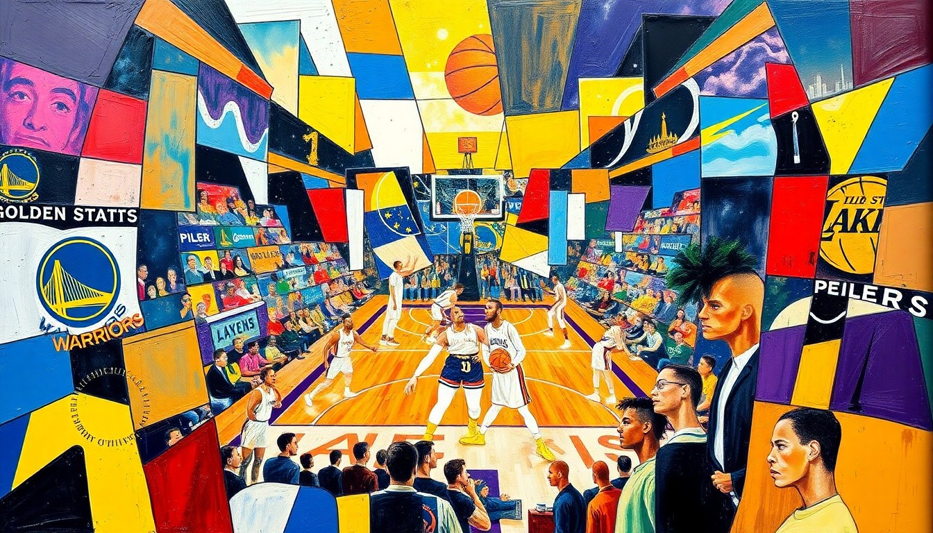 A cubist, geometric painting depicting a basketball game between the Golden State Warriors and Los Angeles Lakers, with the players and court broken down into sharp, overlapping planes of bright blue, gold, purple, and red.