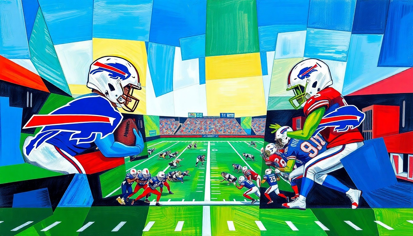 A fractured, multi-perspective painting in the style of Pablo Picasso, breaking down a football game or match between the Buffalo Bills and an opposing team into sharp, overlapping geometric planes in vibrant blues, greens, and reds.