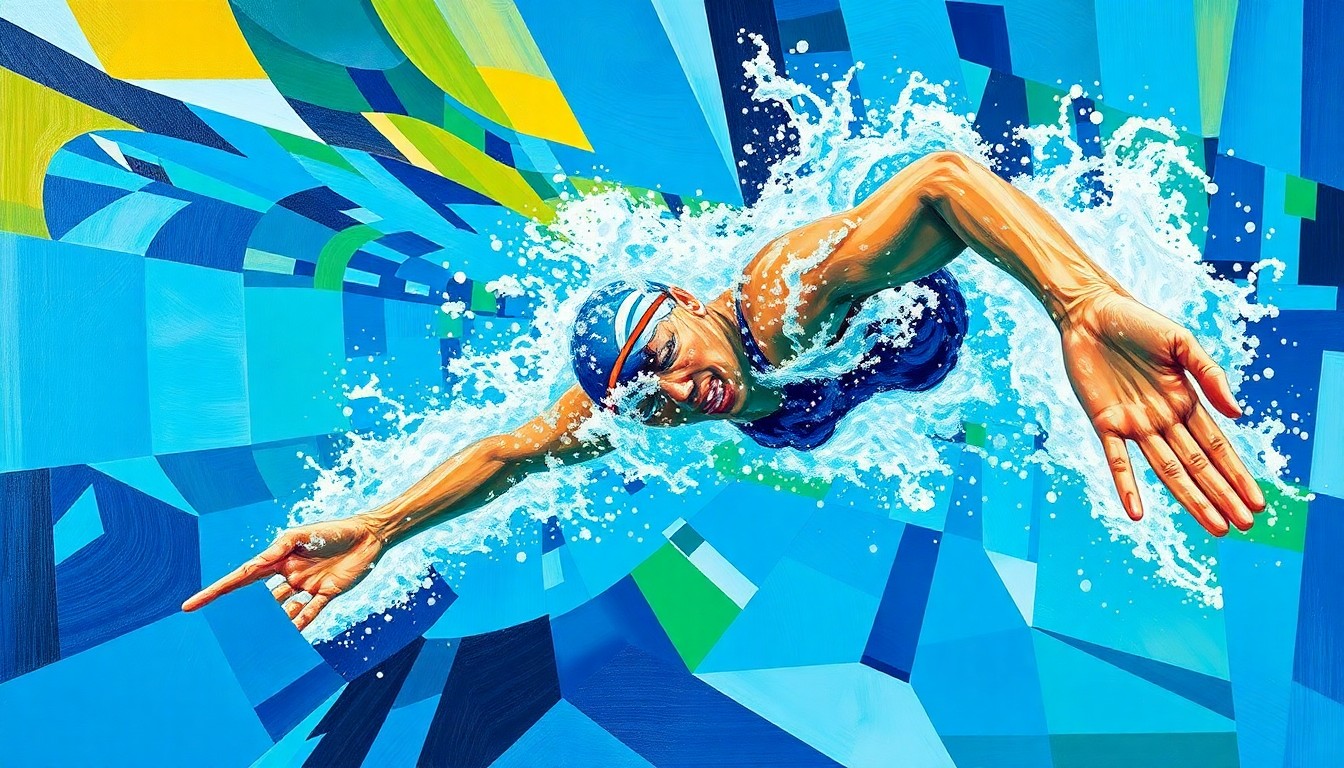 A cubist, fragmented painting depicting a swimming competition, with overlapping geometric shapes in vibrant blues, greens, and golds representing the water, athletes, and energy of the event.