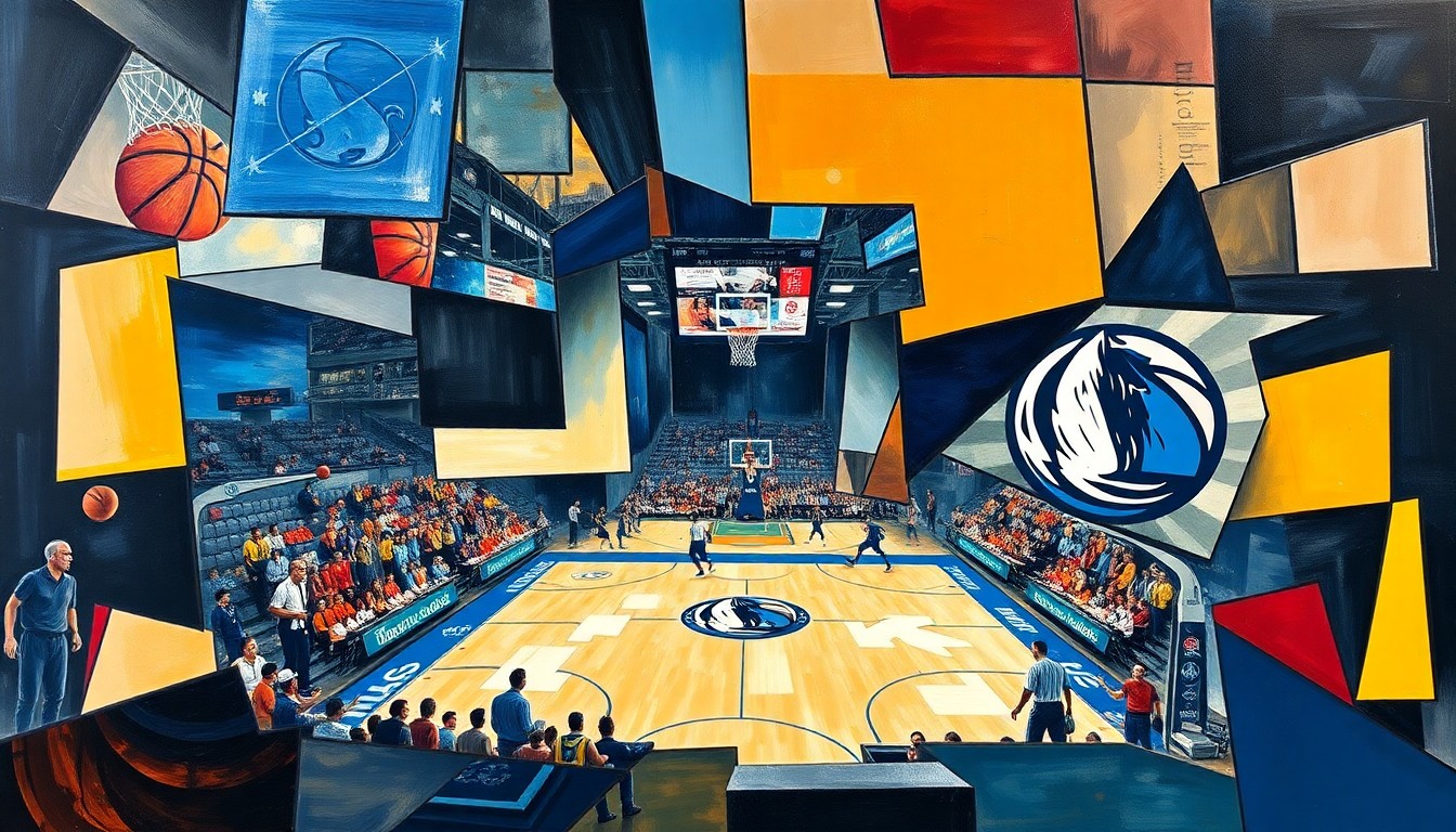 A fractured, geometric painting depicting a basketball game, with sharp planes of color and form representing the players, court, and action, conveying the conceptual essence of the competition without literal depiction.