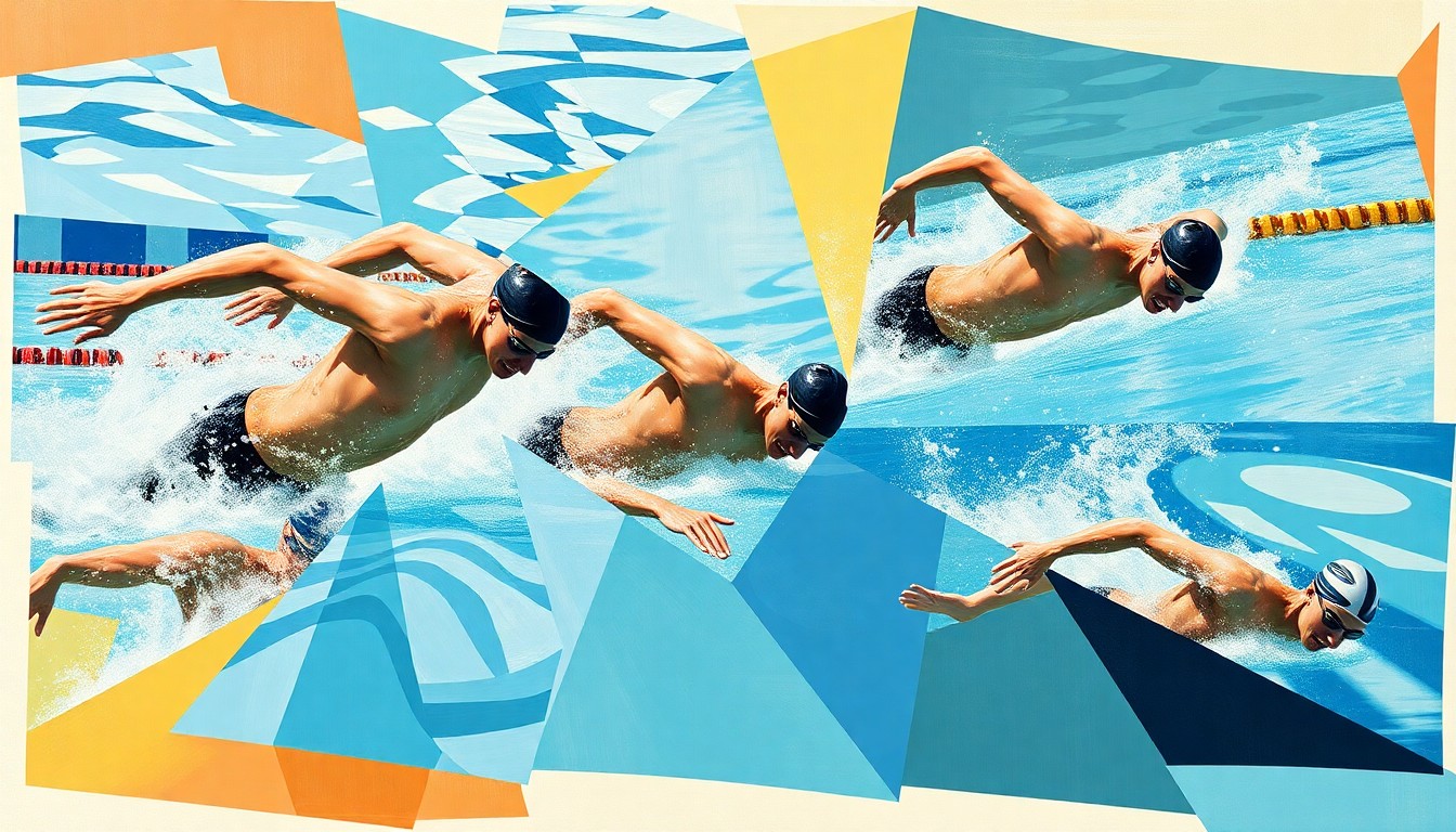 A fractured, multi-perspective painting in a cubist style, breaking down a college swimming competition into sharp, overlapping geometric shapes and planes of color, capturing the raw energy and movement of the sport.