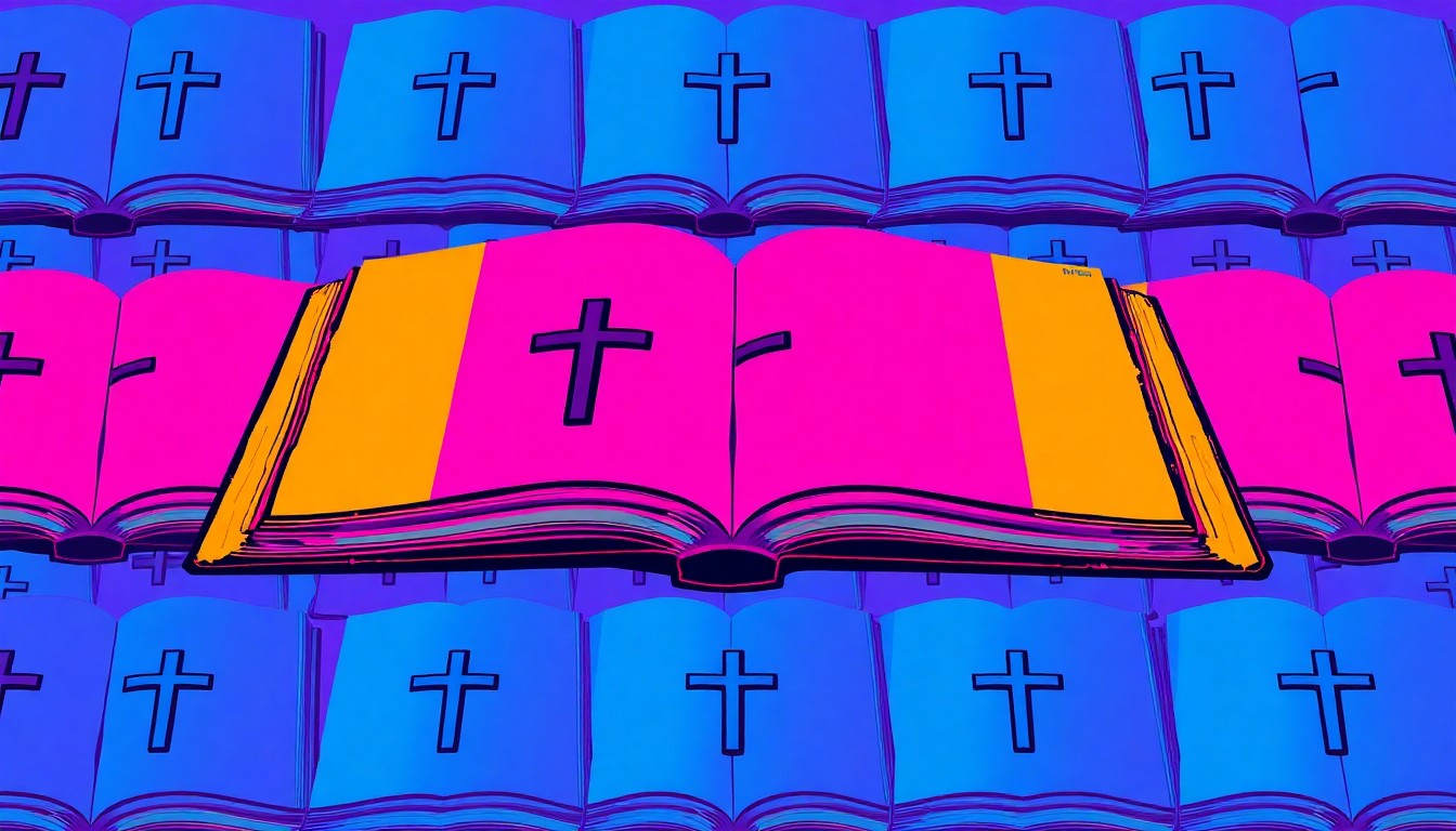 A brightly colored, high-contrast silkscreen print of an open book with a cross symbol on the cover, repeated in a tight grid pattern, conceptually representing the religious imagery in the Texas education board's proposed reading list.