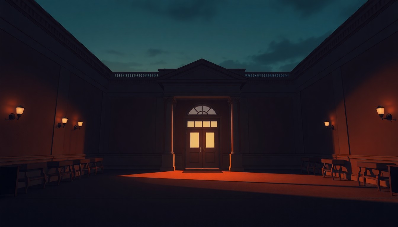 A dimly lit, cinematic office interior with a single desk and chair, the warm glow of the setting sun casting long shadows across the room, conveying a sense of political tension and unease.