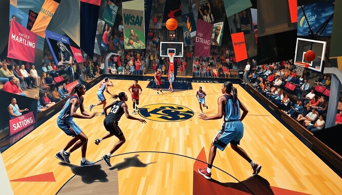 A fractured, geometric painting depicting the dynamic movements and energy of a WNBA basketball game, with overlapping planes and shapes representing the players and their actions on the court.
